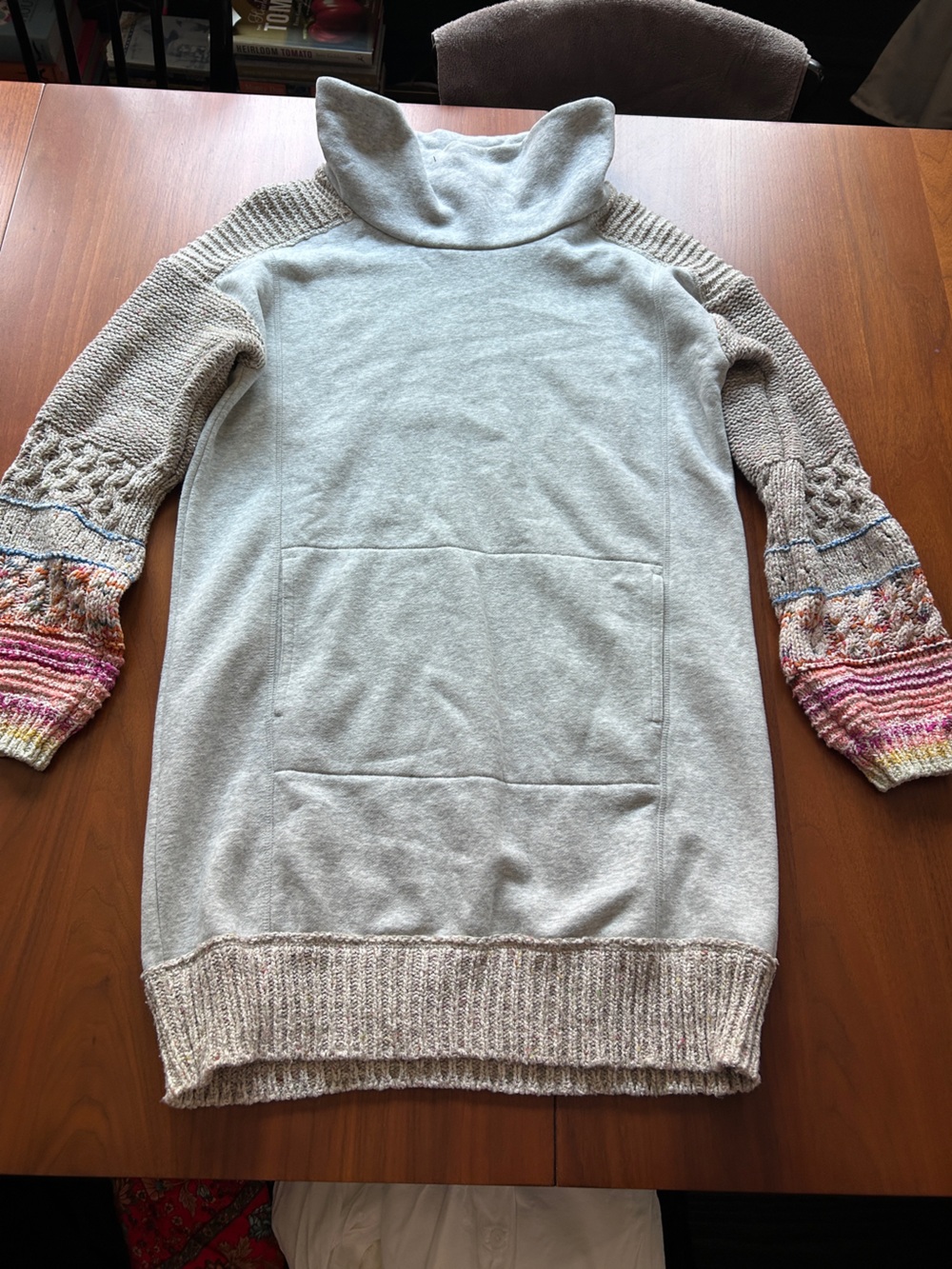 Warm Gray/Cream Cowl Neck XS Sweater with Multicolor Knit Sleeves